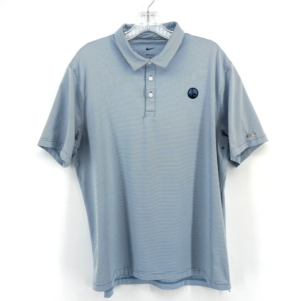 Nike Dri-Fit Golf Polo Shirt Mens L Blue White Striped Lighthouse‎ Short Sleeve